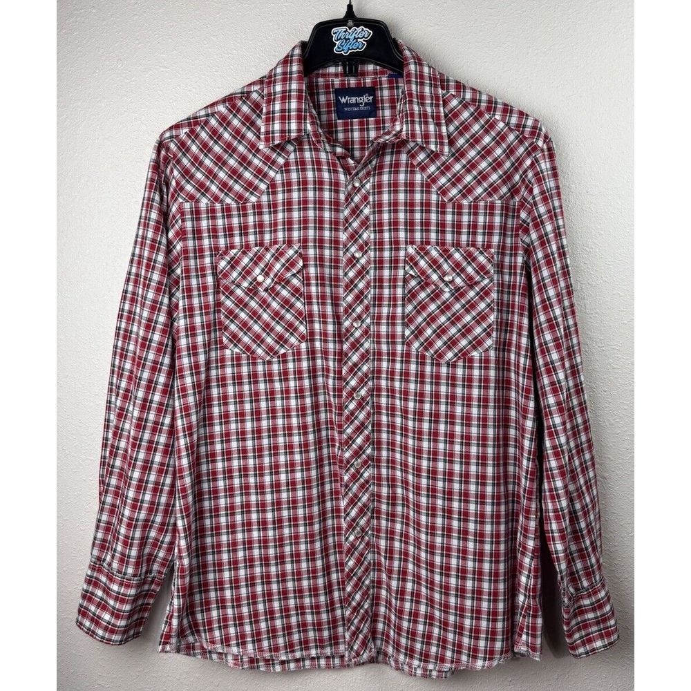 Wrangler Large Red White Plaid Western Long Sleeve Pearl Snap Button Shirt